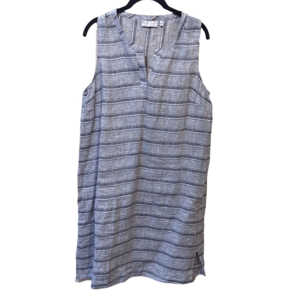Habitat Gray Striped Linen Sleeveless A-Line Y-Neck Shift Summer Dress (S)